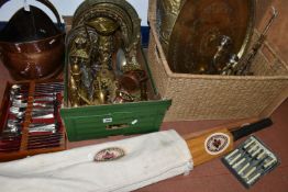 A BOX, A BASKET AND LOOSE METAL WARES AND A CRICKET SET, to include a copper helmet form coal