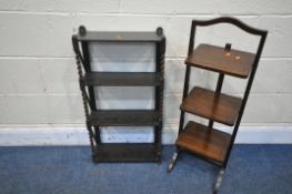 A MAHOGANY THREE TIER CAKE STAND, along with an oak hanging bookshelf (condition report:- oak