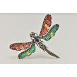 A WHITE METAL PLIQUE A JOUR BROOCH, in the form of a dragonfly, marcasite detailed body with a