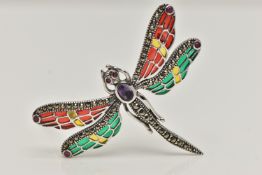 A WHITE METAL PLIQUE A JOUR BROOCH, in the form of a dragonfly, marcasite detailed body with a