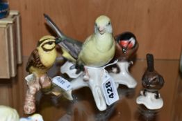 A GROUP OF FIVE BIRD FIGURINES, comprising four Goebel birds 'Yellow Wagtail', 'European Goldfinch',