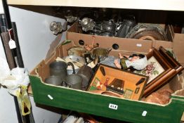 TWO BOXES AND LOOSE METAL WARES, GOLF CLUBS, FISHING ROD AND SUNDRY ITEMS, to include plated