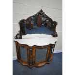 A VICTORIAN BURR WALNUT SERPENTINE MIRROR BACK CREDENZA, with foliate decoration, marble top,