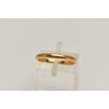 A BAND RING, a D-shape ring, stamped 22ct, ring size K, width 2mm, approximate weight 2.8 grams (