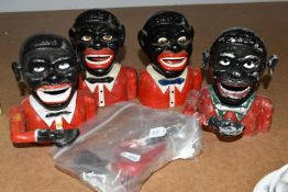 FOUR JOLLY GENTLEMAN STYLE MONEY BOXES, in cast iron and aluminium (4 + arms) (Condition Report: af,