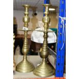 A PAIR OF BRASS CANDLESTICKS, height 48cm , together with a French electric table lamp in the form