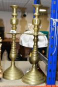 A PAIR OF BRASS CANDLESTICKS, height 48cm , together with a French electric table lamp in the form