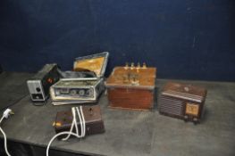 A VINTAGE FADA VALVE RADIO IN BROWN BAKELITE CASE, a very distressed Pye car radio, an Ekco Power