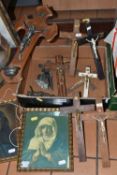 ONE BOX OF RELIGIOUS CRUCIFIXES, to include an assortment of wooden and metal crucifixes and three