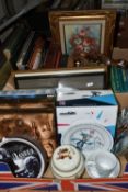 TWO BOXES AND LOOSE SUNDRY ITEMS ETC, to include two copper sculptures of heavy horses,