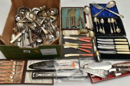 A BOX OF ASSORTED WHITE METAL WARE, to include a boxed 'Viners' cake knife fitted with a kings