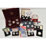 A CARDBOARD BOX OF MAINLY SILVER AND SILVER PROOF COINAGE, to include a 1984-1987 Silver proof £1