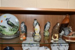 SIX BESWICK SCOTCH WHISKY FLASKS OF BIRDS OF PREY, A SET OF FOUR LIMOGES / FRANKLIN PORCELAIN BIRD