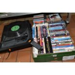 A LINN AXIS TURNTABLE, CAMBRIDGE AUDIO CD PLAYER AND ONE BOX OF DVDS, , over fifty DVDs to include