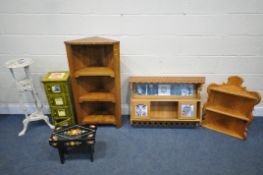 A SELECTION OF OCCASIONAL FURNITURE, to include a wall mounted plate shelving unit, an oak open