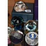 A GROUP OF FIVE GLASS PAPERWEIGHTS, comprising a boxed Webb Corbett Royal Jubilee commemorative