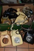 ONE BOX OF SEVEN VINTAGE G.P.O AND B.T TELEPHONES, two cream dial telephones (one broken dial), a
