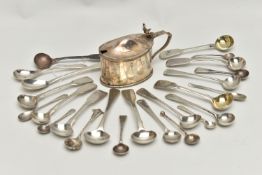 A BAG CONTAINING TWENTY TWO SILVER CONDIMENT SPOONS, AN EPNS MUSTARD POT, A MINIATURE RATTAIL