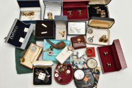 A BOX OF ASSORTED ITEMS, to include a pair of silver cufflinks, square form with decorative