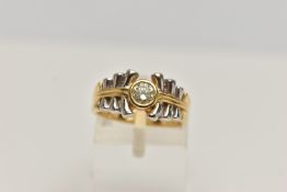 A YELLOW DIAMOND RING, designed as a round brilliant yellow diamond within a collet setting to the