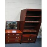 A MODERN DARK WOOD OPEN BOOKCASE, width 89cm x depth 46cm x height 184cm, a matching dressing table,