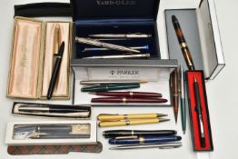 A BOX OF ASSORTED PENS, to include a boxed 'Parker 51', Parker '17' lady', a 'Waterman' ball point