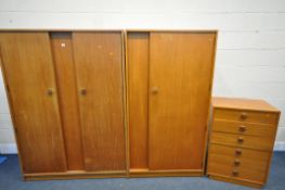 A MID CENTURY TEAK BEDROOM SUITE, in the manner of G plan Danish design, comprising a chest of six