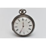 A SILVER PAIR CASED POCKET WATCH, key wound, open face pocket watch, round white dial, Roman