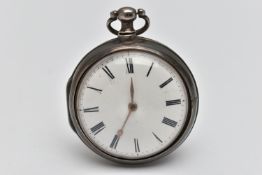 A SILVER PAIR CASED POCKET WATCH, key wound, open face pocket watch, round white dial, Roman