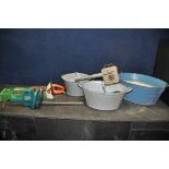 TWO VINTAGE TIN BATHS, a Lidded bucket, a Creda Grenadier heat blower and two untested hedge