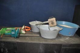 TWO VINTAGE TIN BATHS, a Lidded bucket, a Creda Grenadier heat blower and two untested hedge