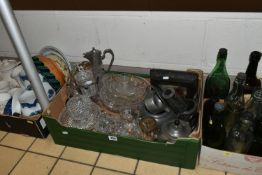THREE BOXES AND LOOSE VINTAGE BOTTLES, PEWTER, GLASSWARE, CERAMICS, ETC, including a 1911 Burton -