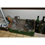 THREE BOXES AND LOOSE VINTAGE BOTTLES, PEWTER, GLASSWARE, CERAMICS, ETC, including a 1911 Burton -