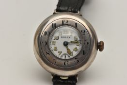 A GENTS WWI SILVER HALF HUNTER 'ROLEX' TRENCH WRISTWATCH, manual wind, outer case with a black