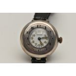 A GENTS WWI SILVER HALF HUNTER 'ROLEX' TRENCH WRISTWATCH, manual wind, outer case with a black