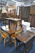 AN OAK DRAW LEAF TABLE, 90cm squared x height 76cm, four various chairs, and an oak barley twist