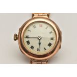 A LADYS MID 20TH CENTURY 9CT GOLD WRISTWATCH, manual wind, round white dial, Roman numerals, in a