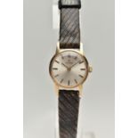 A LADYS 9CT GOLD 'OMEGA' WRISTWATCH, manual wind, round silvered dial signed 'Omega', baton markers,