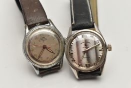 TWO VINTAGE HAND WOUND WRISTWATCHES ON STRAPS, to include a Favre-Leuba Sea-King, silver mirrored