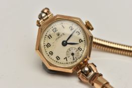 A LADYS 9CT GOLD 'ROLEX' WRISTWATCH, manual wind, round silver dial signed 'Rolex' (worn), Arabic
