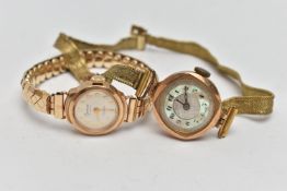 TWO 9CT GOLD CASED WRISTWATCHES, two ladys watches, the first AF, manual wind, round mother of pearl