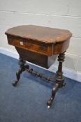 A LATE VICTORIAN BURR WALNUT AND MARQUETRY INLAID WORKTABLE, with two drawers, on twin turned