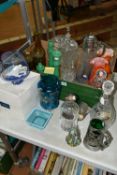 A BOX AND LOOSE COLOURED AND DECORATIVE GLASS WARES, to include a decanter with silver mount,