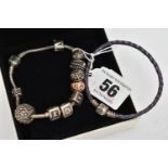 TWO 'PANDORA' BRACELETS, the first a chain bracelet with ten charms each stamped 925 ALE, barrel