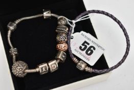 TWO 'PANDORA' BRACELETS, the first a chain bracelet with ten charms each stamped 925 ALE, barrel