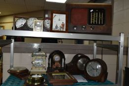 A COLLECTION OF CLOCKS AND A 1930'S VALVE RADIO, comprising a wooden cased Pye radio serial number