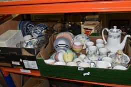 THREE BOXES OF TEAWARE AND SUNDRIES, to include a Paragon 'Cherwell' pattern coffee set, a Royal