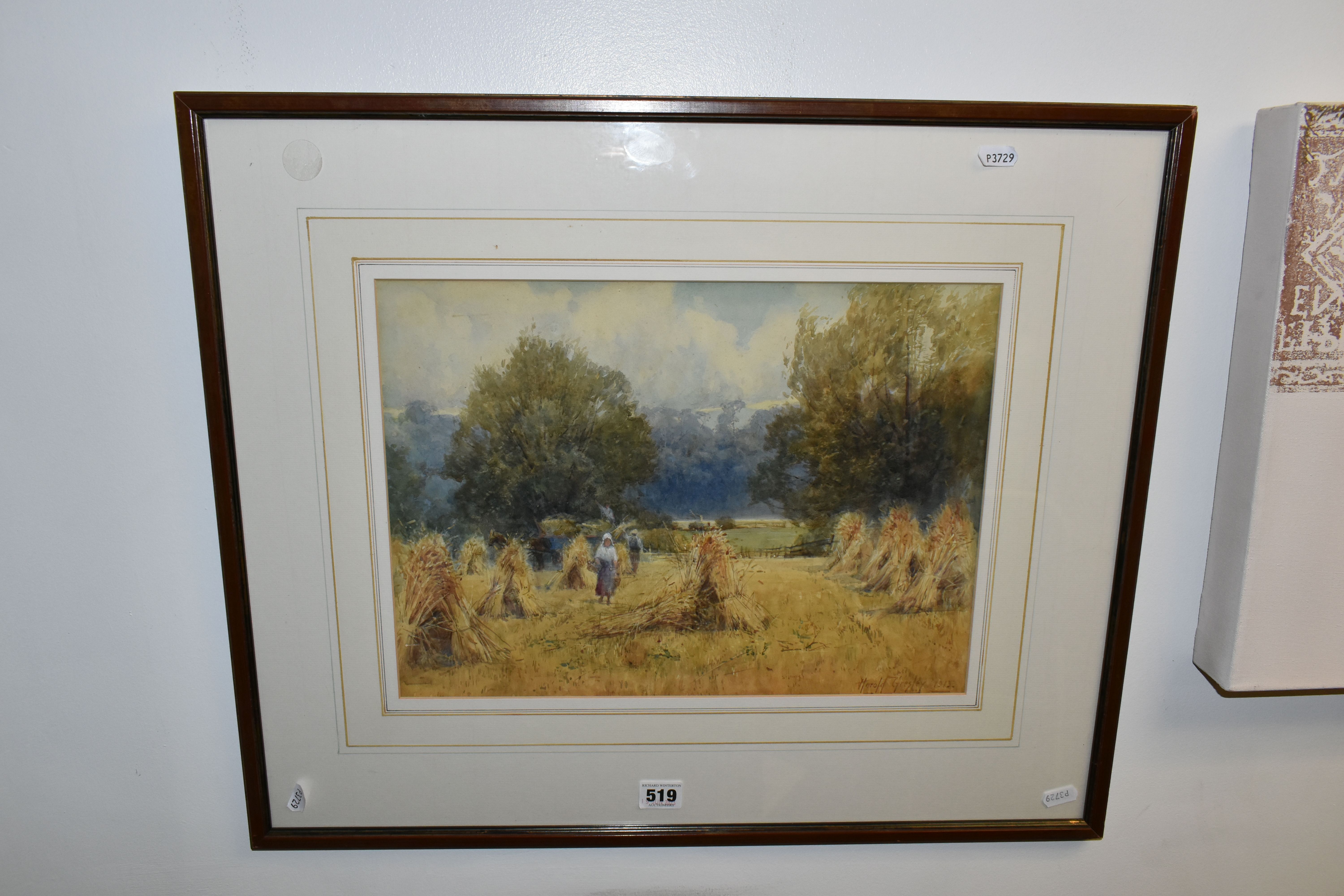 HAROLD GRESLEY (1892-1962) 'HARVESTING NEAR KINGS MILLS', a picturesque landscape depicting