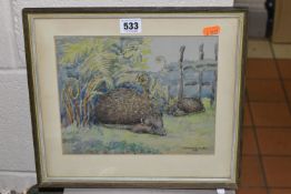 WINIFRED JOAN OPHELIA GORDEN BELL (20TH CENTURY) HEDGEHOGS AND FEARNS', signed and dated 1963 bottom