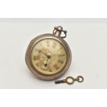 A SILVER OPEN FACE POCKET WATCH AND PAIRING CASE, key wound movement, Roman numerals, subsidiary